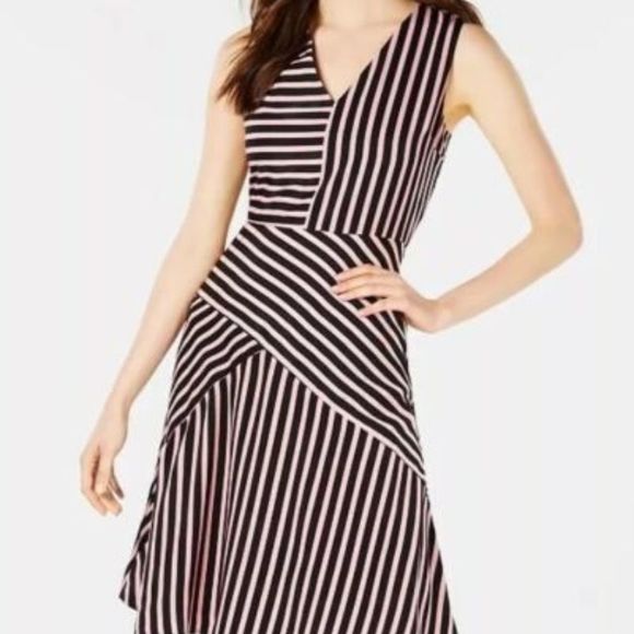 NWT BAR III Women Pink/Black V Neck Fit and Flare Stripe Dress Medium - Picture 1 of 8